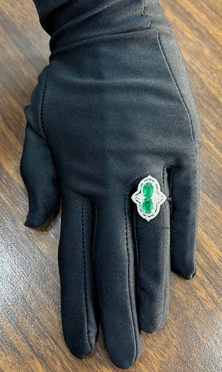 Two Stone Oval Shape Green Emerald Diamond Pave Halo Shield 14K White Gold Ring