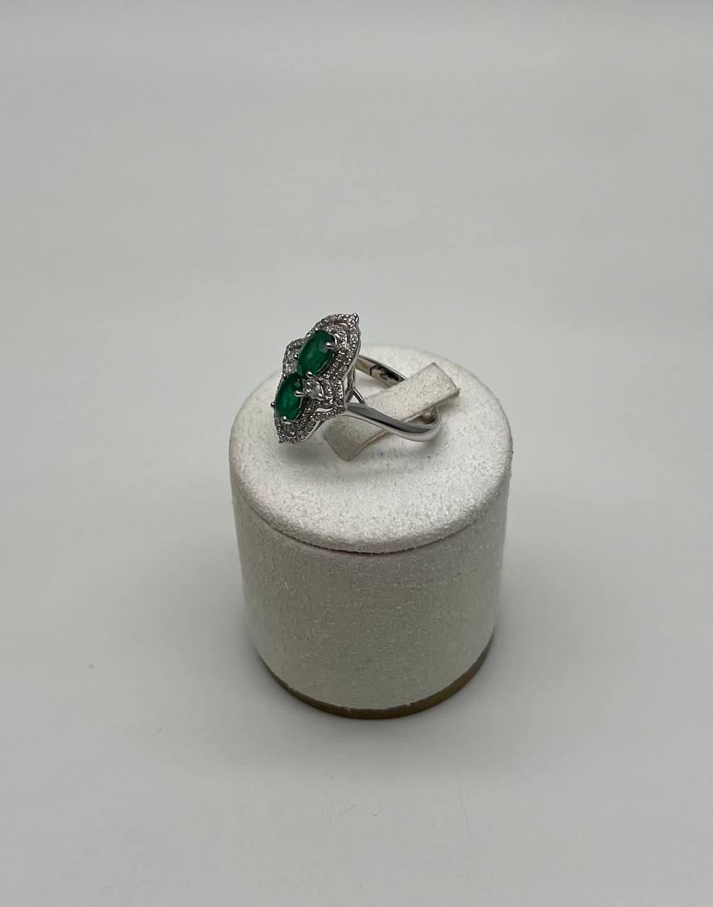 Two Stone Oval Shape Green Emerald Diamond Pave Halo Shield 14K White Gold Ring