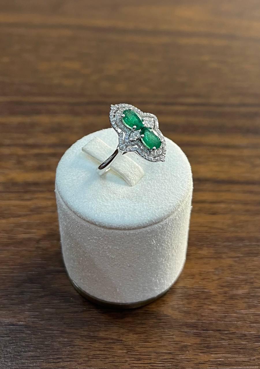 Two Stone Oval Shape Green Emerald Diamond Pave Halo Shield 14K White Gold Ring
