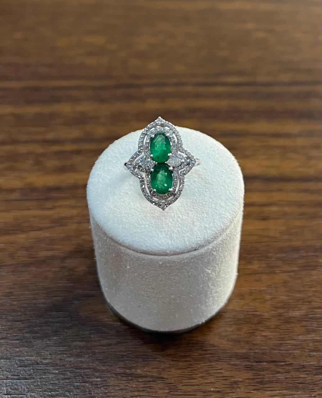 Two Stone Oval Shape Green Emerald Diamond Pave Halo Shield 14K White Gold Ring