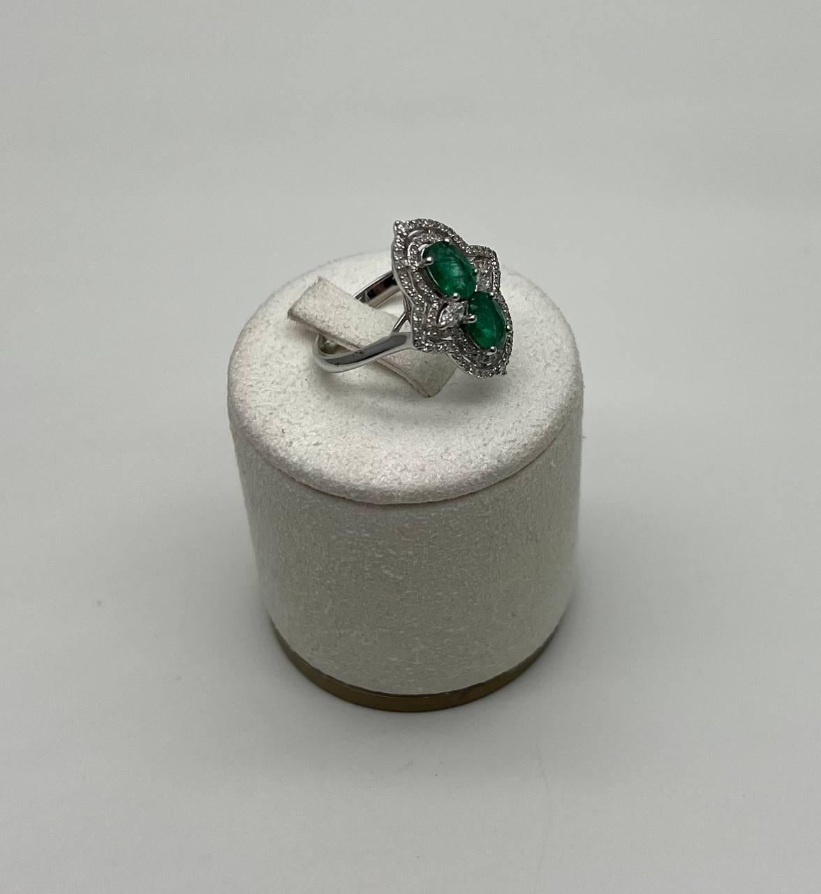 Two Stone Oval Shape Green Emerald Diamond Pave Halo Shield 14K White Gold Ring