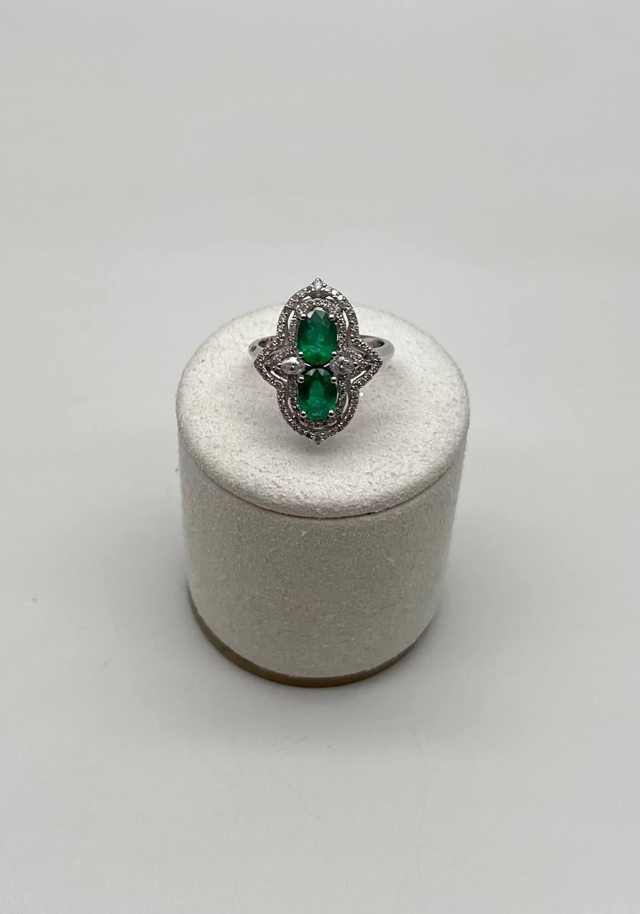 Two Stone Oval Shape Green Emerald Diamond Pave Halo Shield 14K White Gold Ring