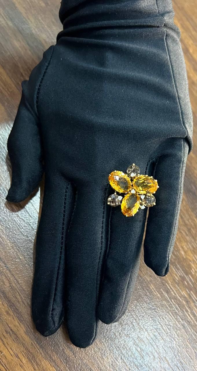 Orange Amber Citrines & Brown Smoky Quartz Yellow Gold Cluster Statement Ring