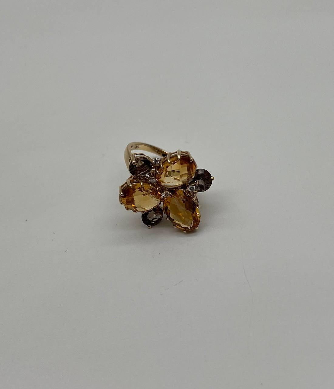 Orange Amber Citrines & Brown Smoky Quartz Yellow Gold Cluster Statement Ring