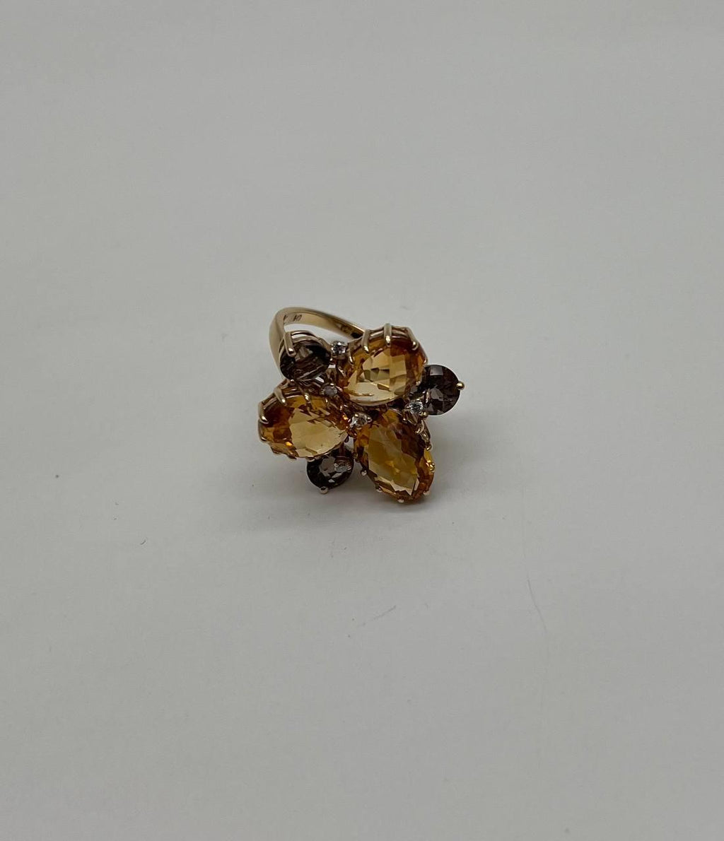 Orange Amber Citrines & Brown Smoky Quartz Yellow Gold Cluster Statement Ring