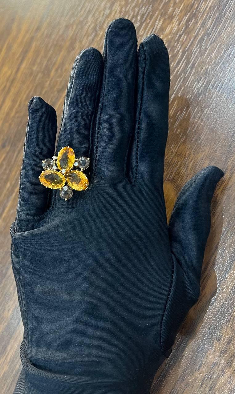 Orange Amber Citrines & Brown Smoky Quartz Yellow Gold Cluster Statement Ring
