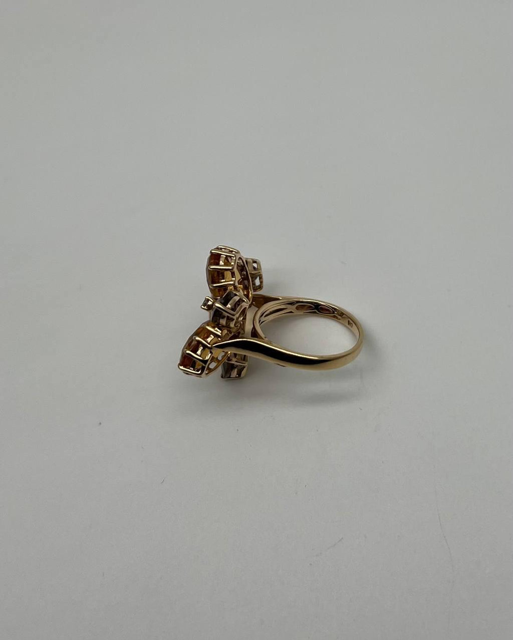 Orange Amber Citrines & Brown Smoky Quartz Yellow Gold Cluster Statement Ring