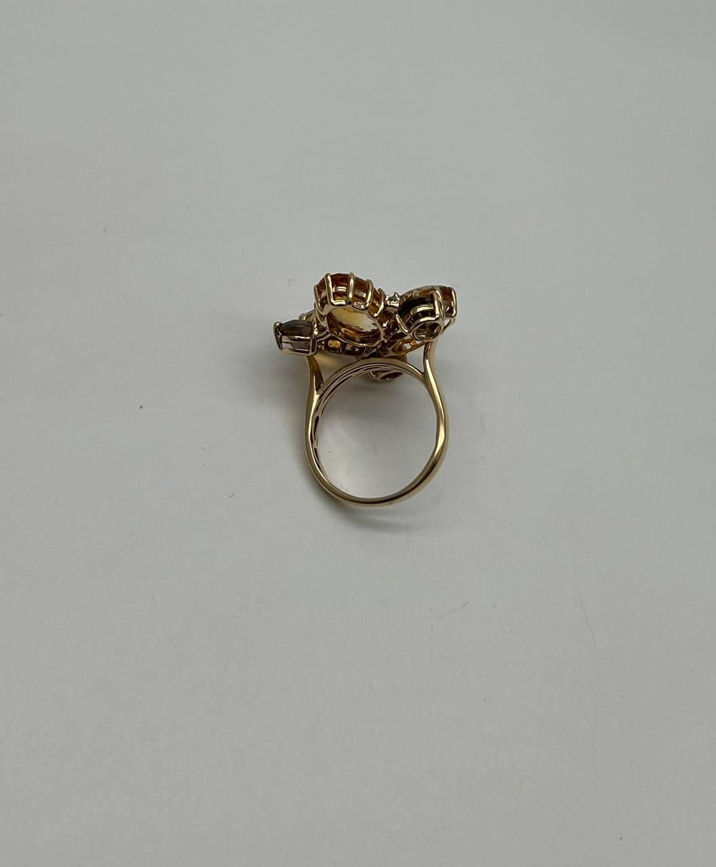 Orange Amber Citrines & Brown Smoky Quartz Yellow Gold Cluster Statement Ring