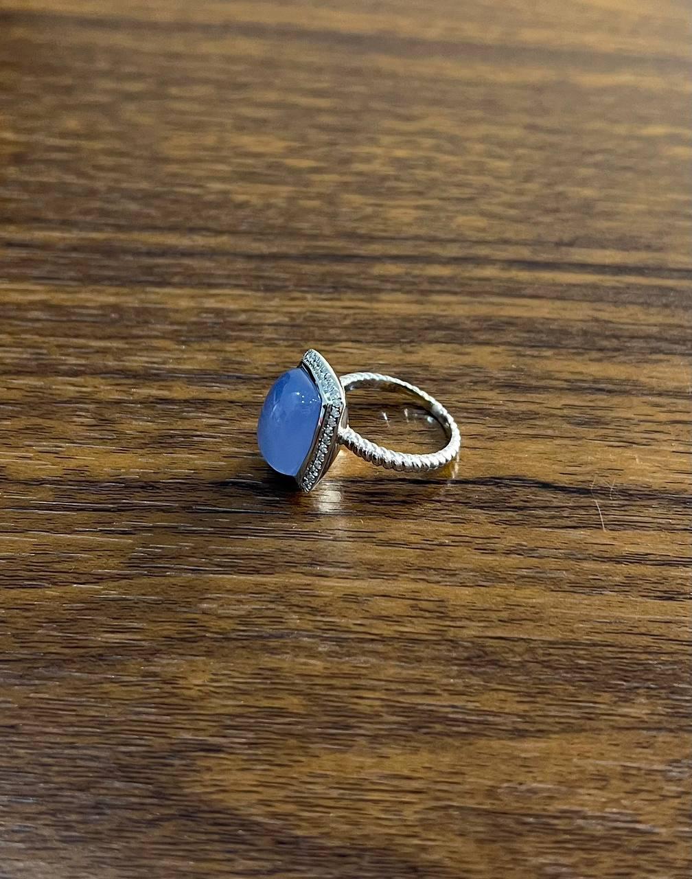 Blue Violet Chalcedony Diamond Halo 14K White Gold Statement Huggie Ring