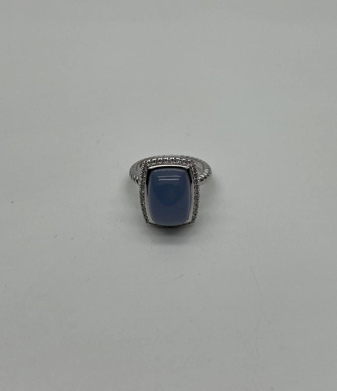 Blue Violet Chalcedony Diamond Halo 14K White Gold Statement Huggie Ring