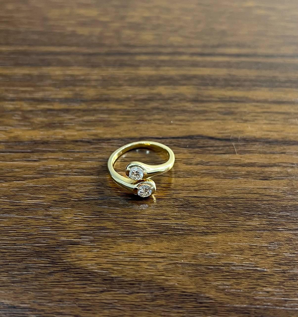 Two Stone Round Diamond Bypass 14K Yellow Gold Statement Ring