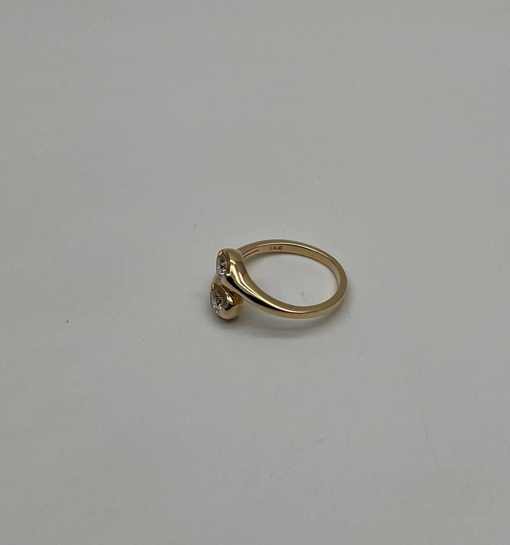 Two Stone Round Diamond Bypass 14K Yellow Gold Statement Ring
