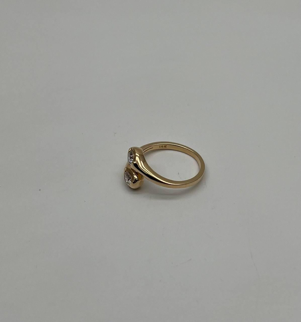Two Stone Round Diamond Bypass 14K Yellow Gold Statement Ring