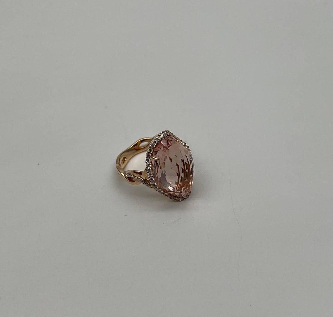 Fancy Shield Kite Shape Peach Pink Morganite Diamonds Halo 18K Rose Gold Ring