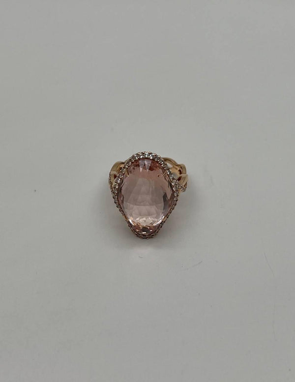 Fancy Shield Kite Shape Peach Pink Morganite Diamonds Halo 18K Rose Gold Ring