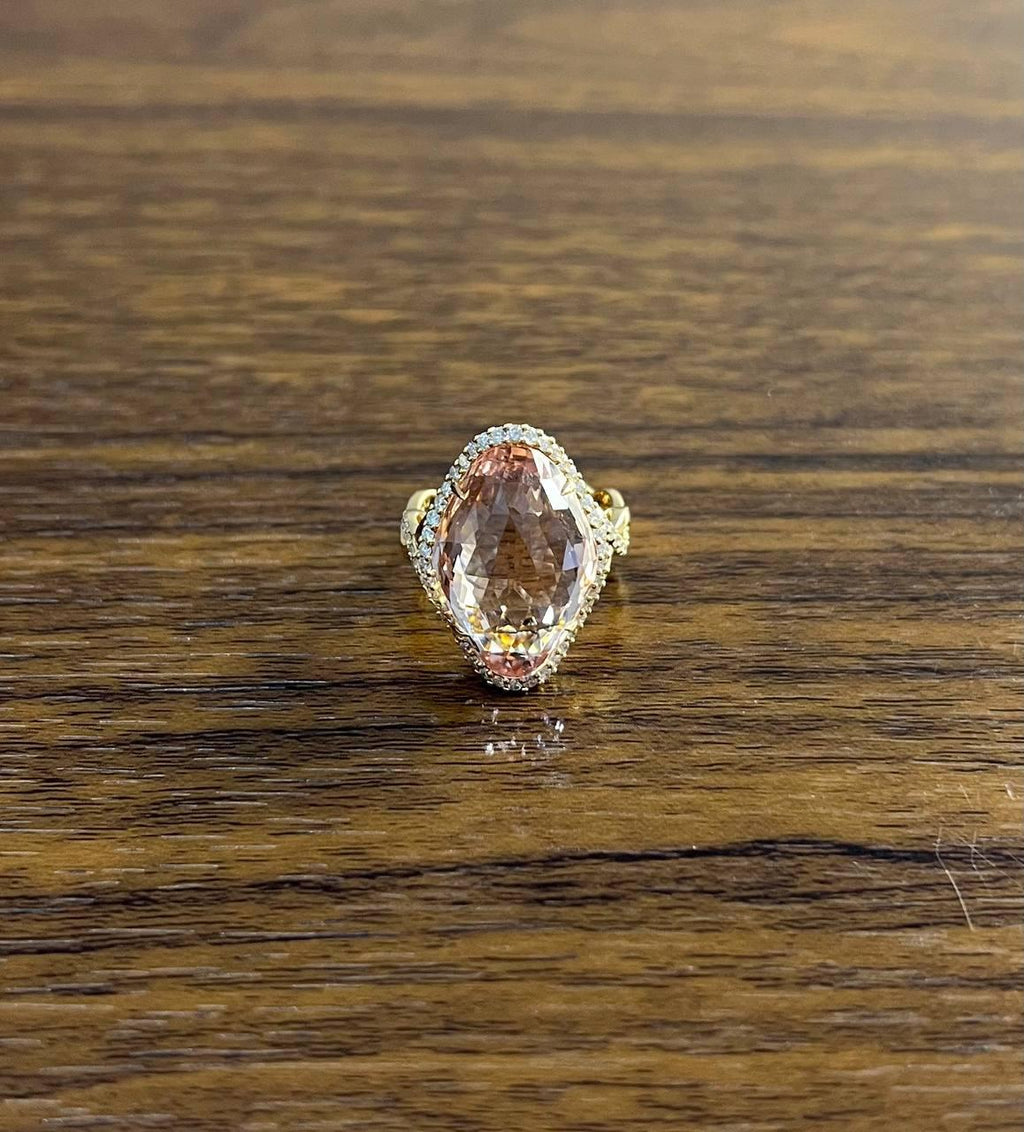 Fancy Shield Kite Shape Peach Pink Morganite Diamonds Halo 18K Rose Gold Ring