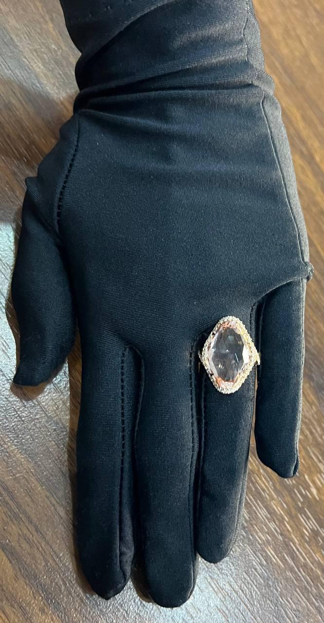 Fancy Shield Kite Shape Peach Pink Morganite Diamonds Halo 18K Rose Gold Ring