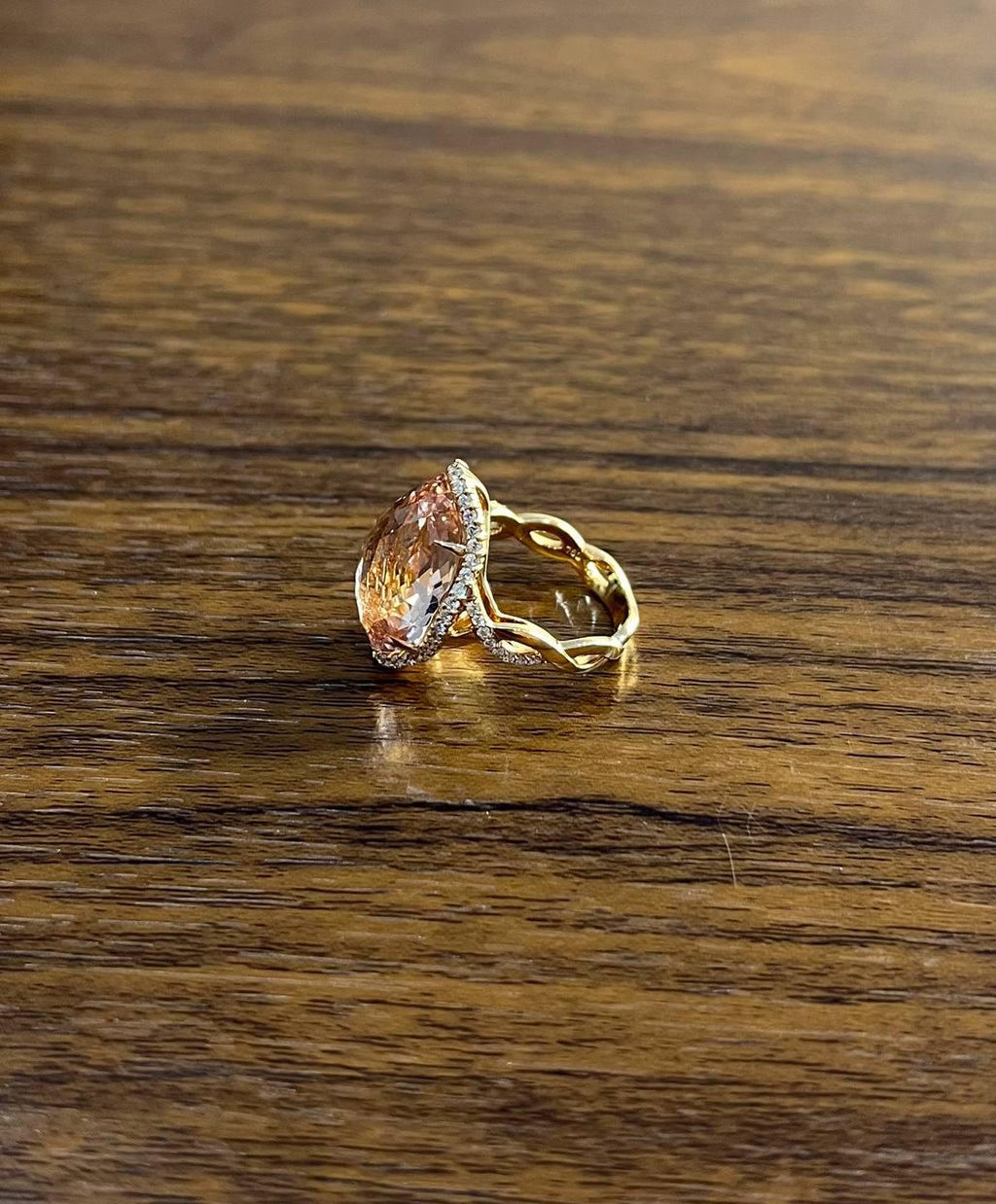 Fancy Shield Kite Shape Peach Pink Morganite Diamonds Halo 18K Rose Gold Ring