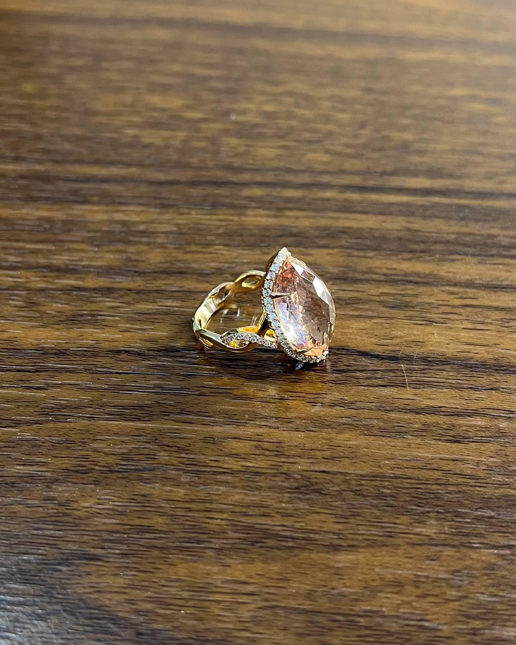 Fancy Shield Kite Shape Peach Pink Morganite Diamonds Halo 18K Rose Gold Ring