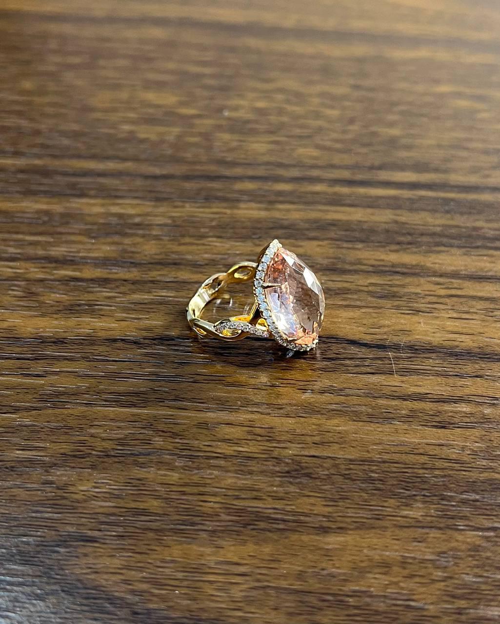 Fancy Shield Kite Shape Peach Pink Morganite Diamonds Halo 18K Rose Gold Ring