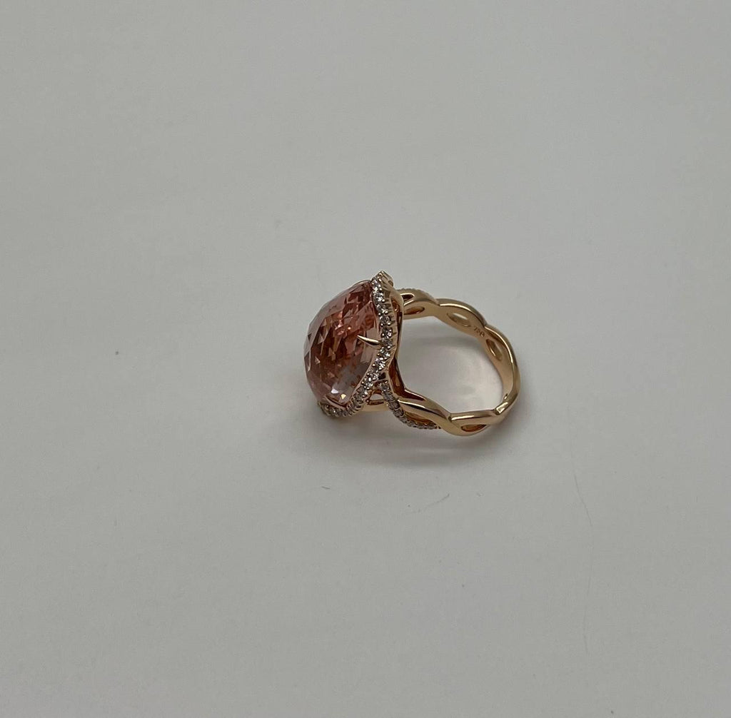 Fancy Shield Kite Shape Peach Pink Morganite Diamonds Halo 18K Rose Gold Ring
