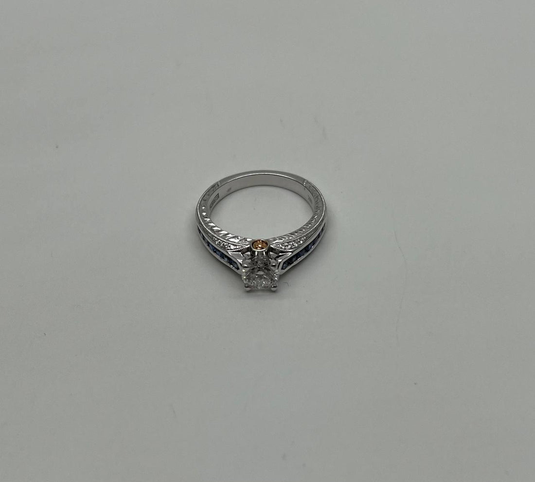 Round Shape Brilliant Cut Diamond Blue Sapphire Channel Set 18K White Gold Ring