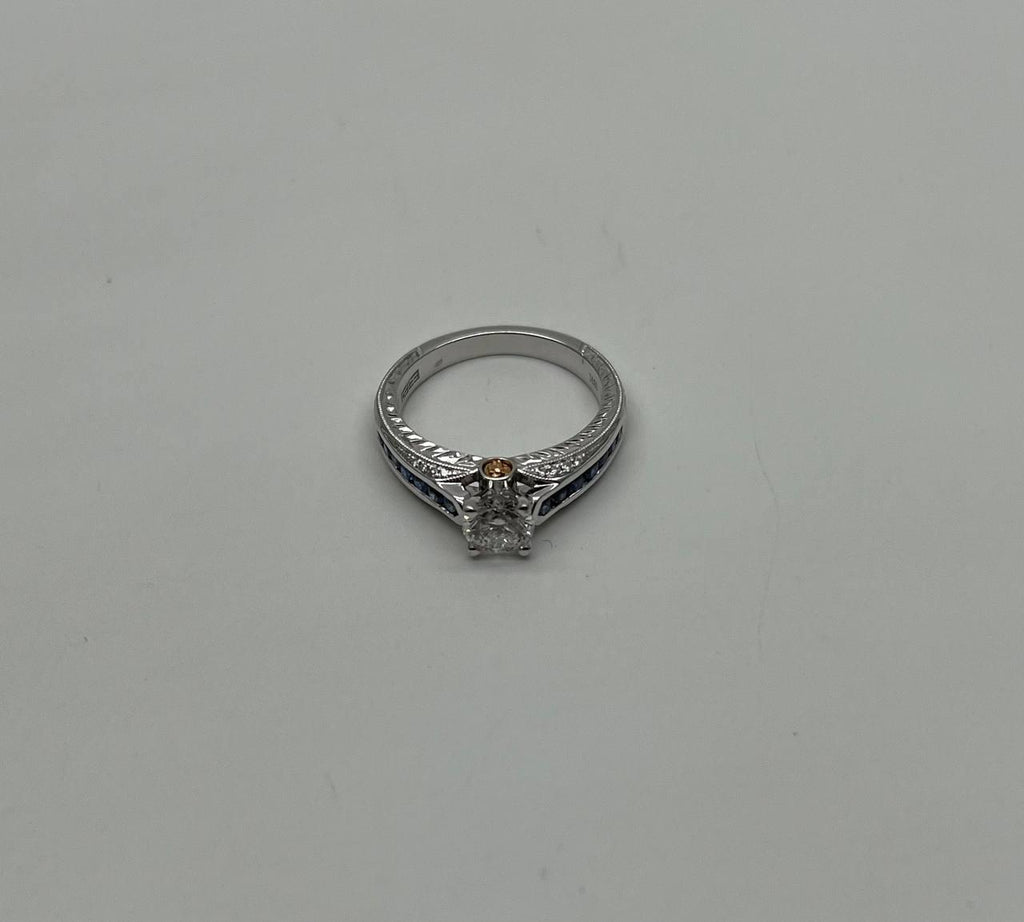 Round Shape Brilliant Cut Diamond Blue Sapphire Channel Set 18K White Gold Ring