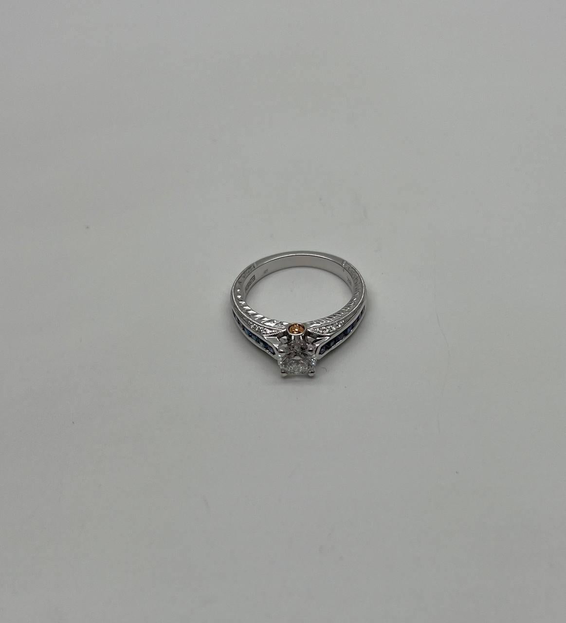 Round Shape Brilliant Cut Diamond Blue Sapphire Channel Set 18K White Gold Ring