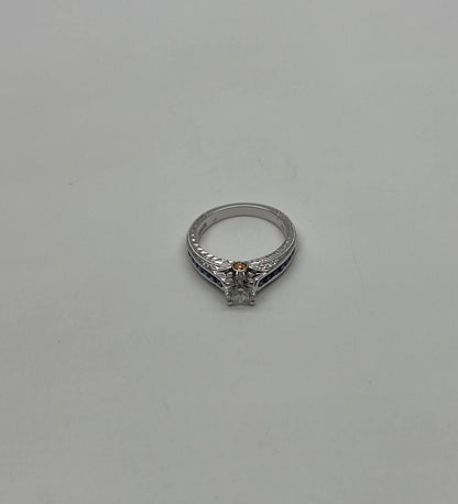 Round Shape Brilliant Cut Diamond Blue Sapphire Channel Set 18K White Gold Ring