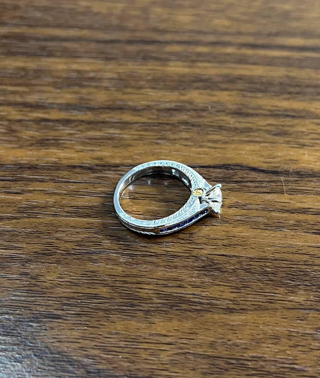 Round Shape Brilliant Cut Diamond Blue Sapphire Channel Set 18K White Gold Ring
