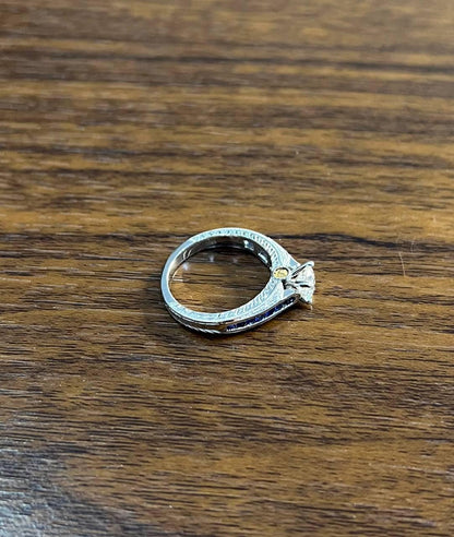Round Shape Brilliant Cut Diamond Blue Sapphire Channel Set 18K White Gold Ring