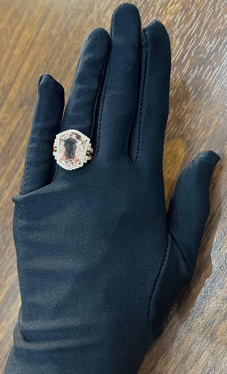 Shield Kite Shape Peach Pink Morganite Diamond Halo 18K Rose Gold Fancy Ring