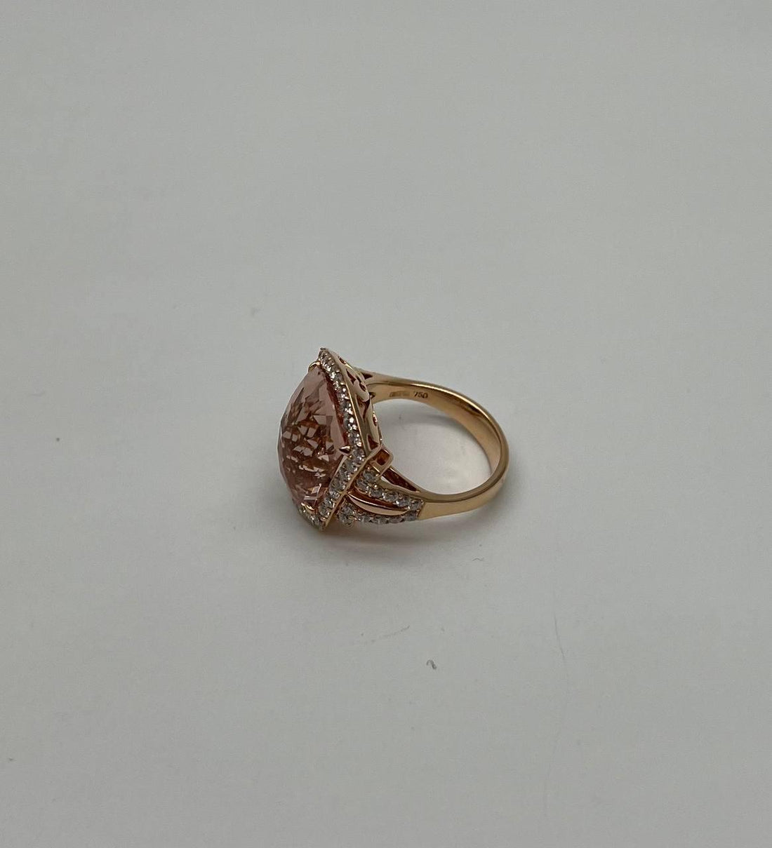 Shield Kite Shape Peach Pink Morganite Diamond Halo 18K Rose Gold Fancy Ring