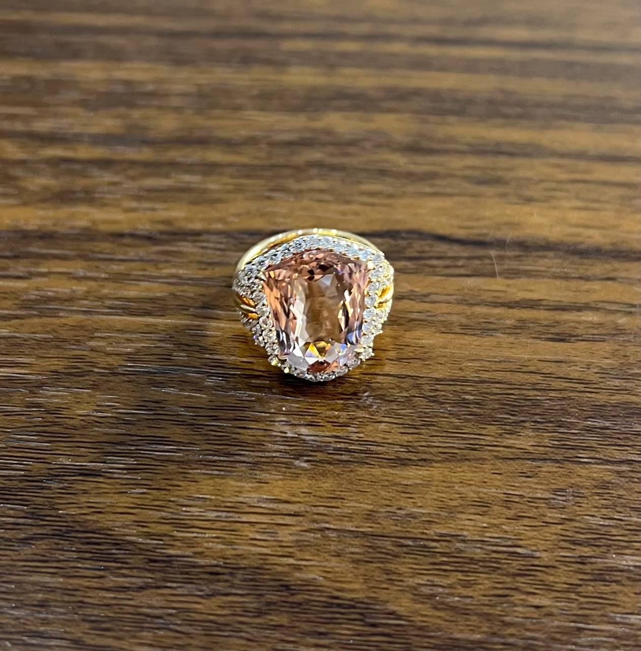 Shield Kite Shape Peach Pink Morganite Diamond Halo 18K Rose Gold Fancy Ring