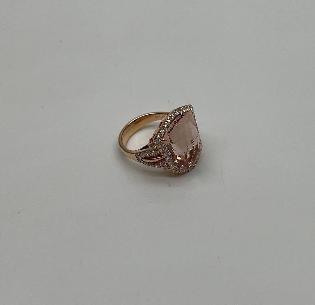 Shield Kite Shape Peach Pink Morganite Diamond Halo 18K Rose Gold Fancy Ring