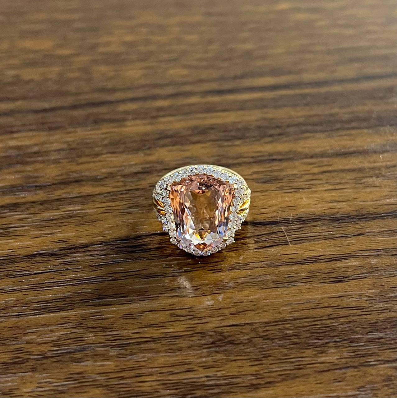 Shield Kite Shape Peach Pink Morganite Diamond Halo 18K Rose Gold Fancy Ring