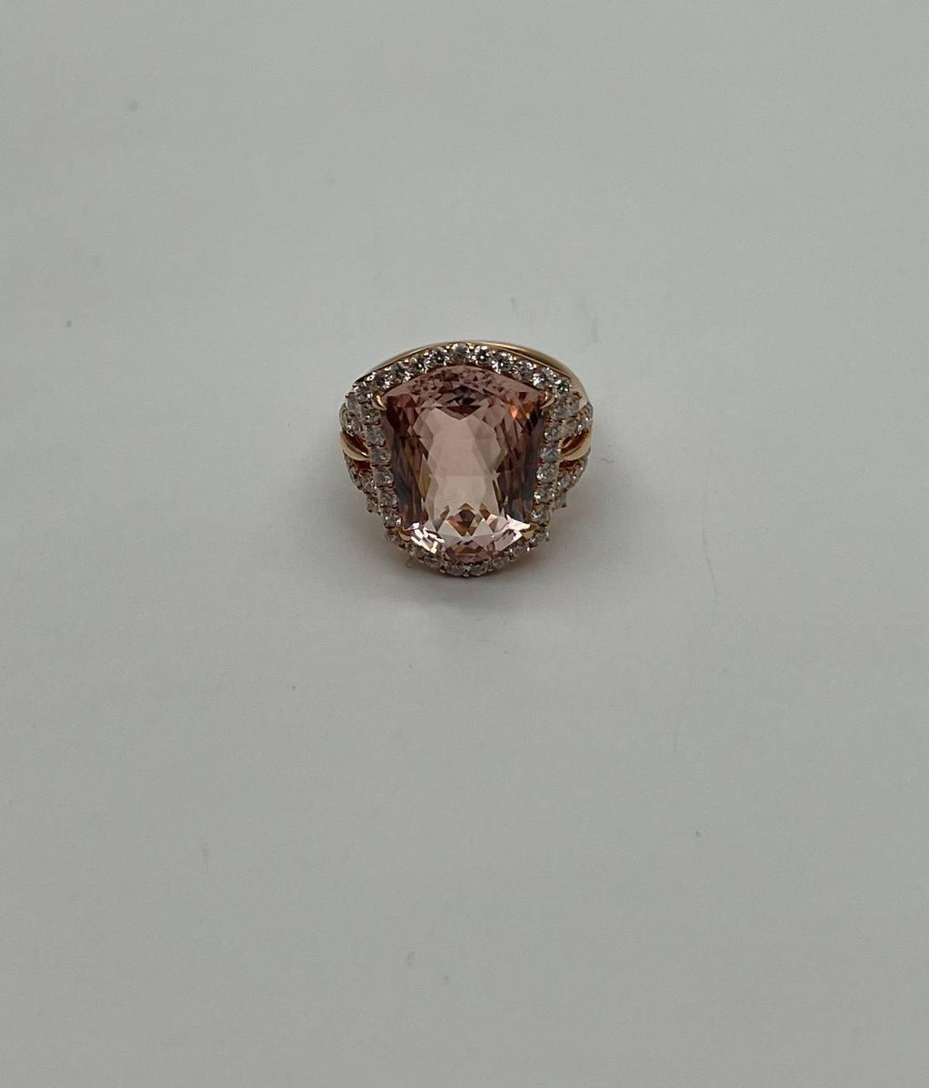 Shield Kite Shape Peach Pink Morganite Diamond Halo 18K Rose Gold Fancy Ring