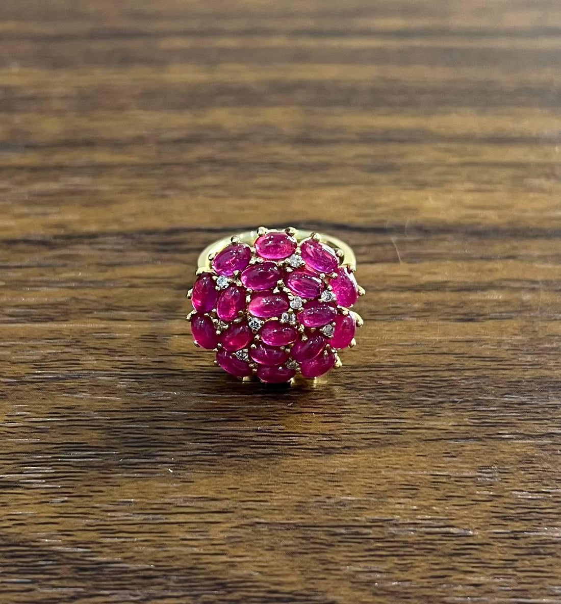 Pink Red Ruby Cabochon Cluster Diamond Pave Rose Gold Statement Cocktail Ring