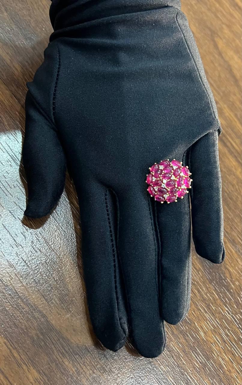 Pink Red Ruby Cabochon Cluster Diamond Pave Rose Gold Statement Cocktail Ring