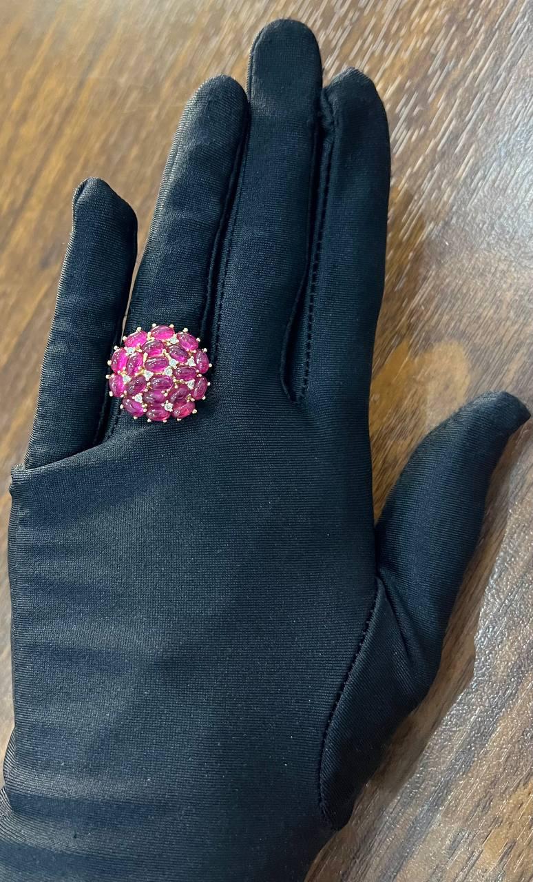 Pink Red Ruby Cabochon Cluster Diamond Pave Rose Gold Statement Cocktail Ring