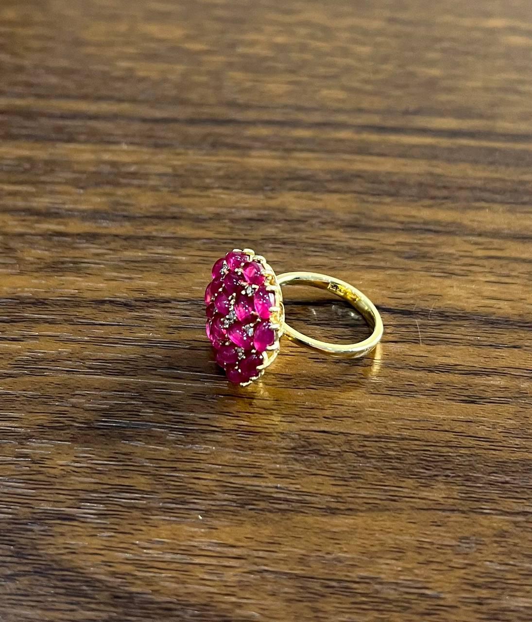 Pink Red Ruby Cabochon Cluster Diamond Pave Rose Gold Statement Cocktail Ring