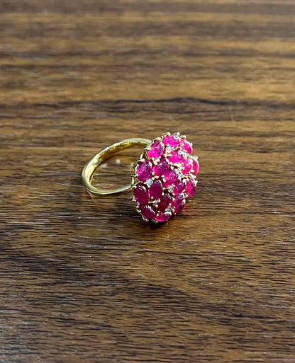 Pink Red Ruby Cabochon Cluster Diamond Pave Rose Gold Statement Cocktail Ring