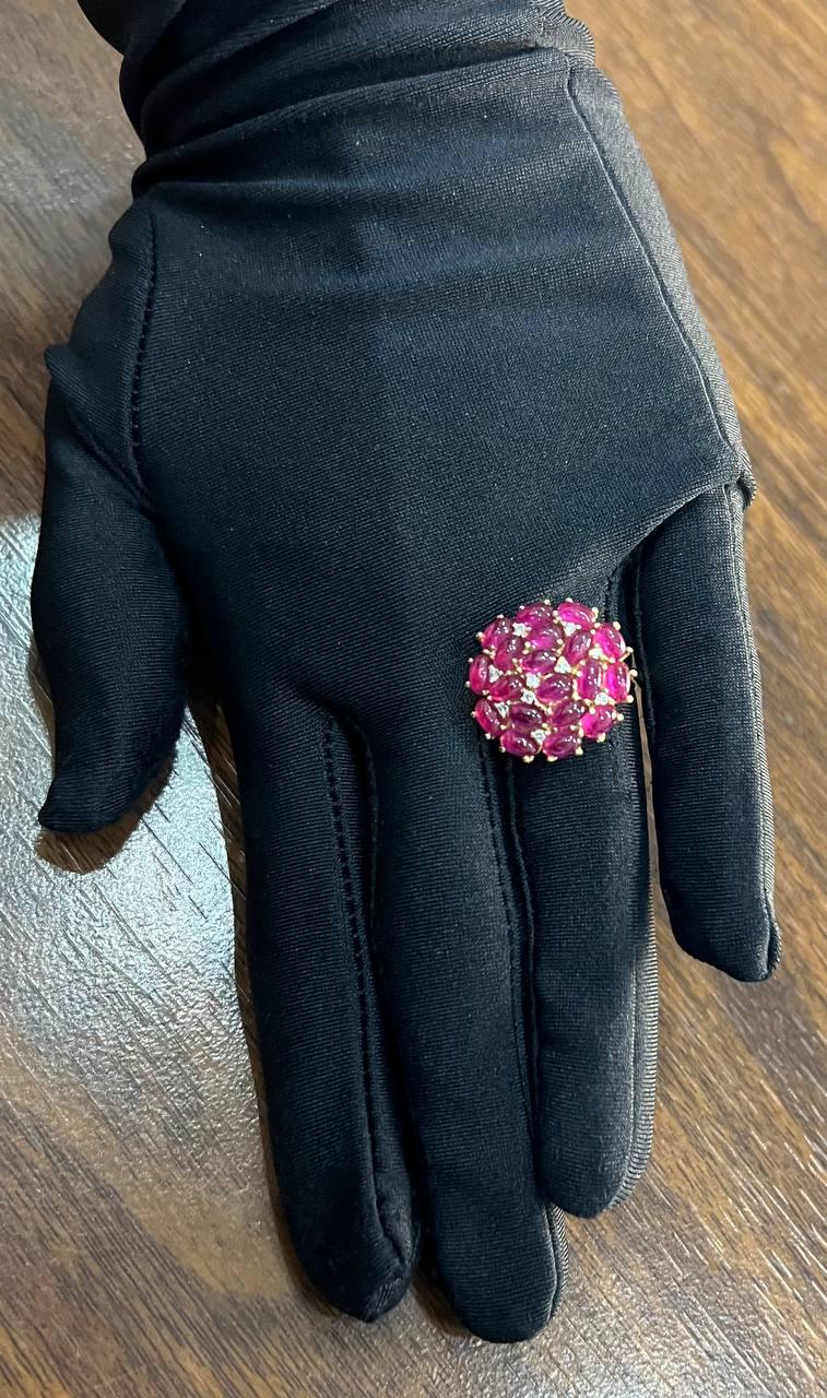 Pink Red Ruby Cabochon Cluster Diamond Pave Rose Gold Statement Cocktail Ring