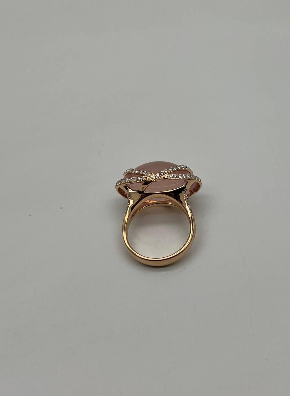 Pink Rose Quartz Fancy Cabochon Diamond Halo Waves 18K Rose Gold Cocktail Ring