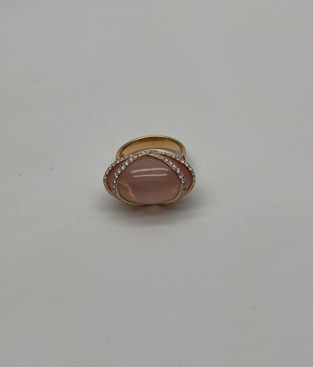Pink Rose Quartz Fancy Cabochon Diamond Halo Waves 18K Rose Gold Cocktail Ring