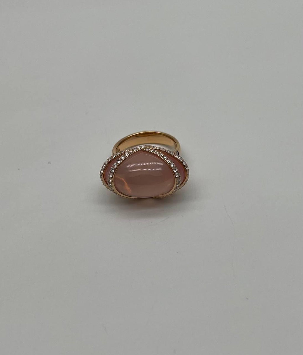 Pink Rose Quartz Fancy Cabochon Diamond Halo Waves 18K Rose Gold Cocktail Ring
