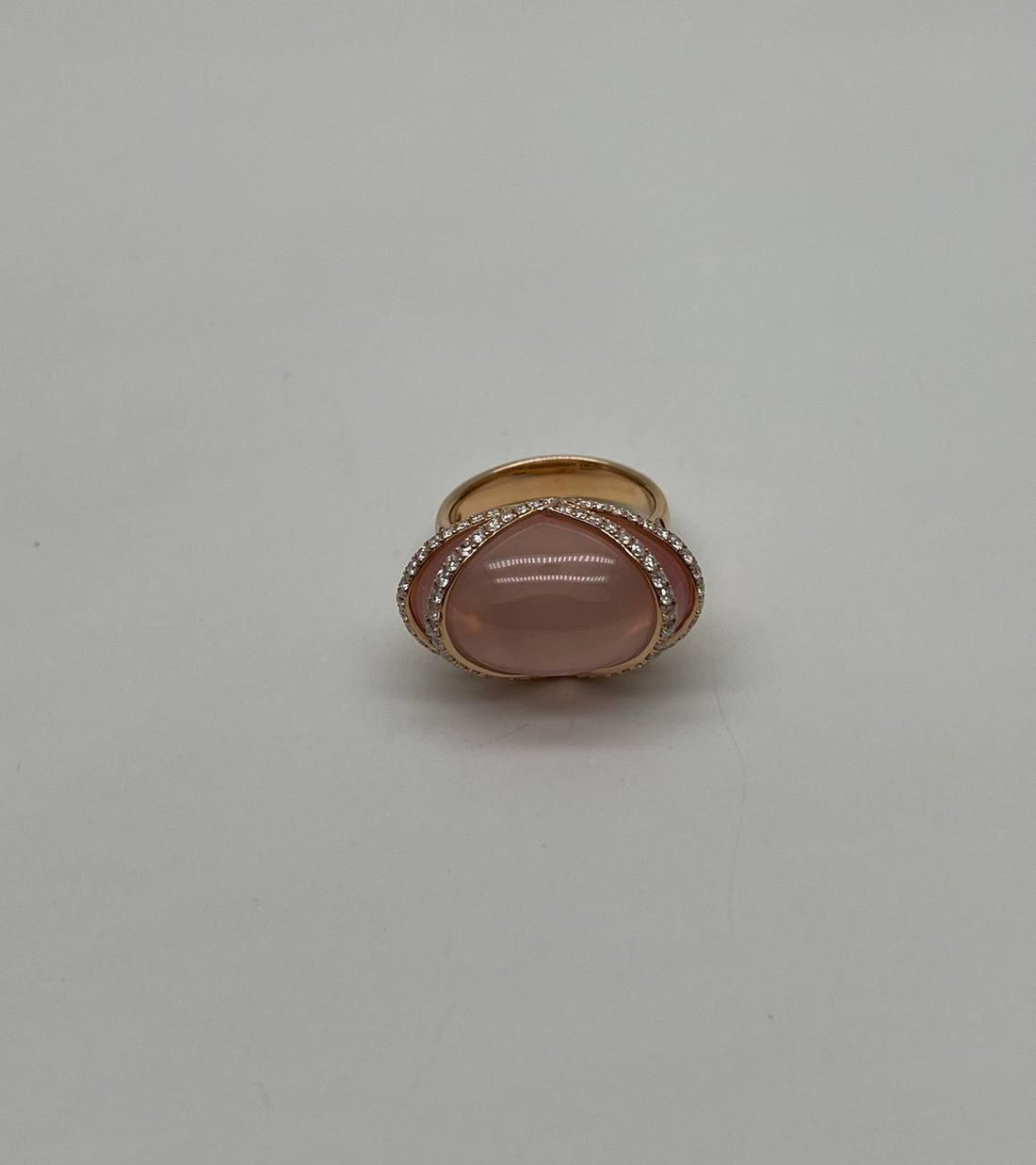 Pink Rose Quartz Fancy Cabochon Diamond Halo Waves 18K Rose Gold Cocktail Ring
