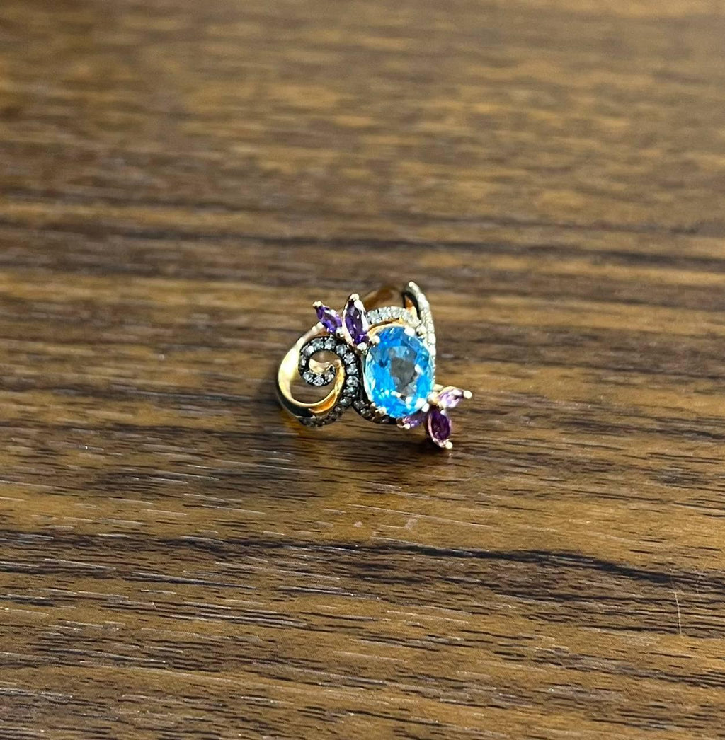 Blue Topaz Purple Amethyst Diamonds Floral Flower 14K Rose Gold Statement Ring