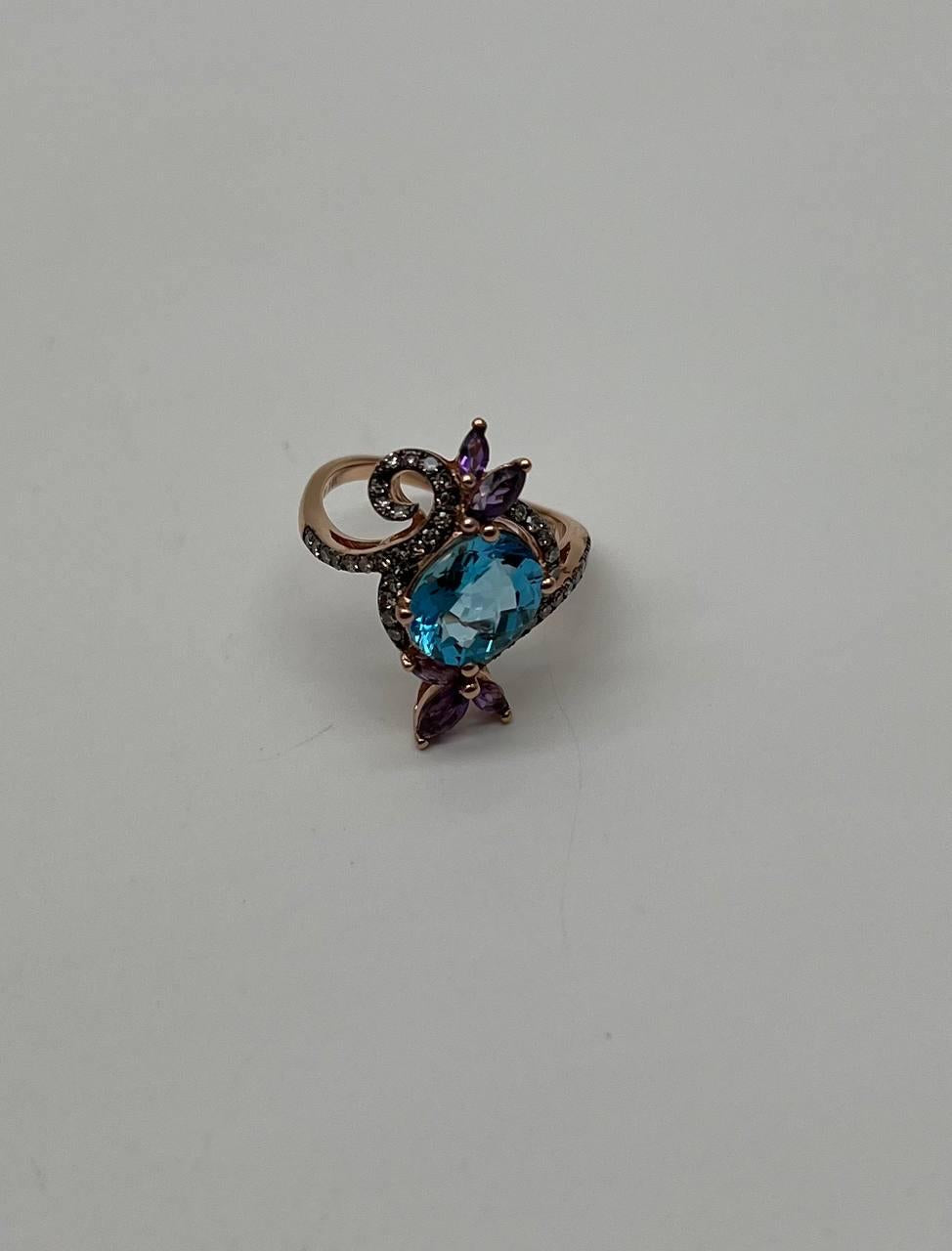 Oval Shape Swiss Blue Topaz Floral Flower Amethyst 14K Rose Gold Diamonds Ring