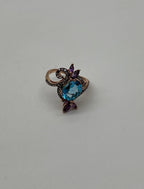 Oval Shape Swiss Blue Topaz Floral Flower Amethyst 14K Rose Gold Diamonds Ring